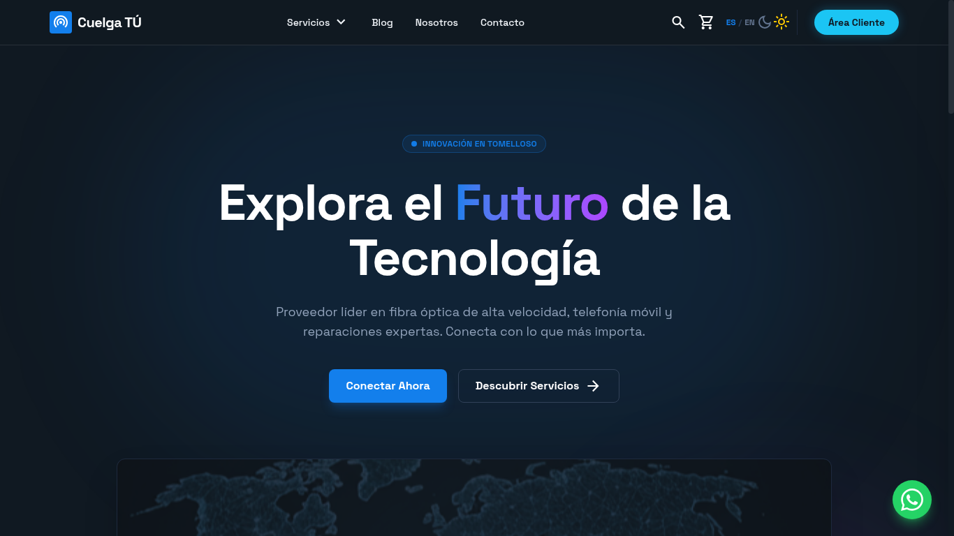 Hero de la web de Cuelga TÚ con mensaje principal Explora el Futuro de la Tecnología y llamadas a la acción