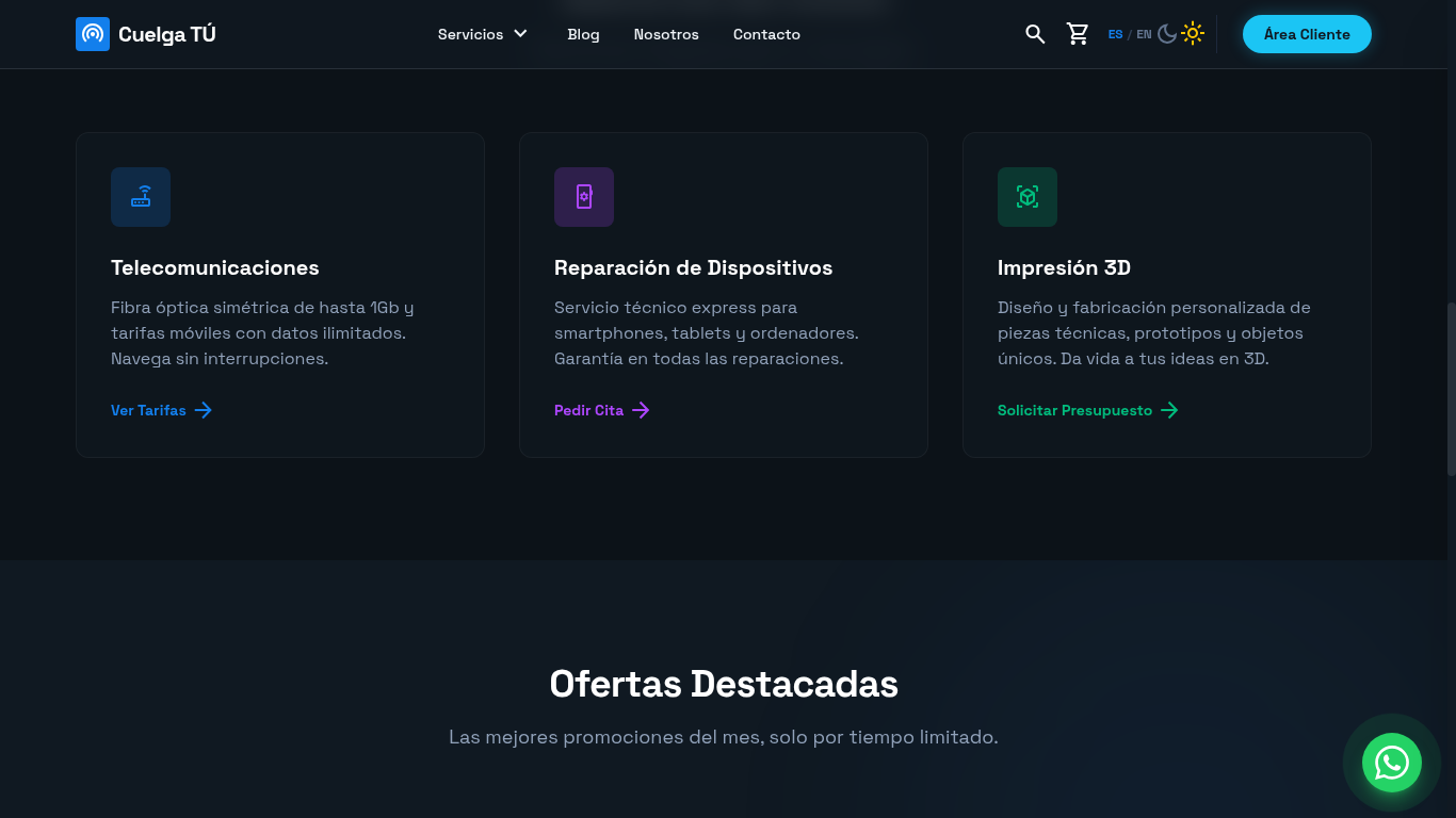 Sección de servicios de Cuelga TÚ con tarjetas de telecomunicaciones, reparación de dispositivos e impresión 3D